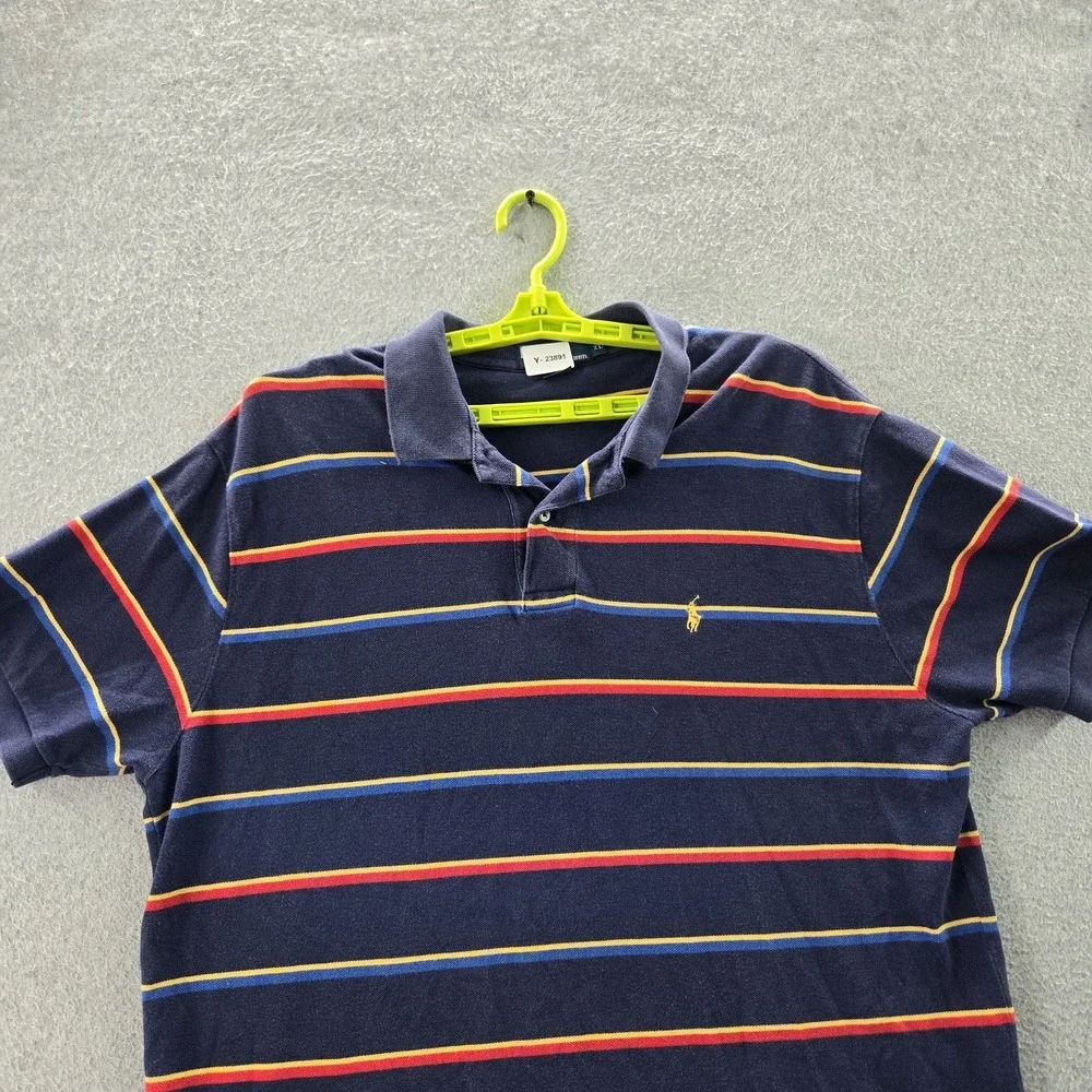 Polo‎ By Ralph Lauren Men Polo XL Navy Pony Embroidery Striped Button Logo Short